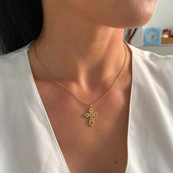 NataschaWoge® dezent Gold Silber Kreuz Kette Edelstahl Halskette + Anhänger Geschenk für Sie Damenschmuck spiritueller Schmuck Goldkette