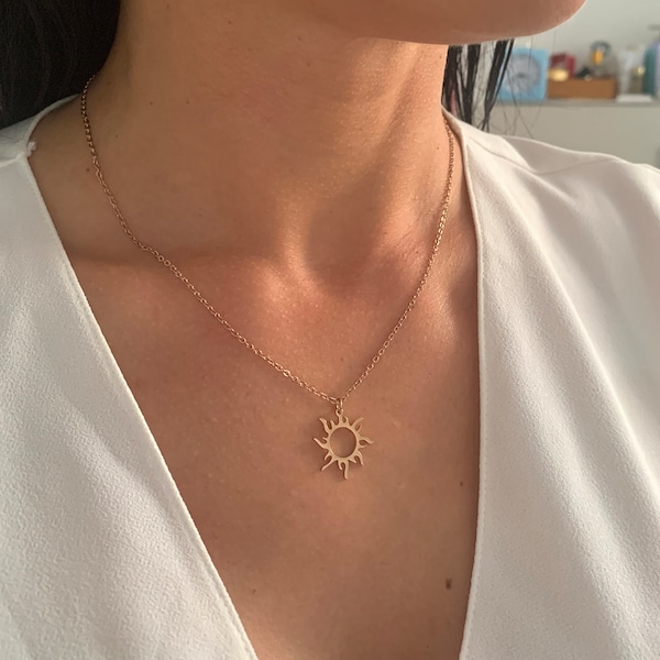 NataschaWoge® SUN minimalist jewelry STAINLESS STEEL gold rose gold silver chain necklace + pendant gift for her Hollow Sun gold chain