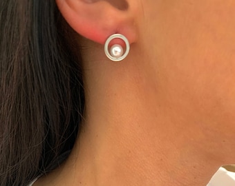 NataschaWoge® pendientes de aro minimalistas de perlas de acero inoxidable pendientes de aro de oro plateado joyería para su novia de joyería de mujer de plata de regalo