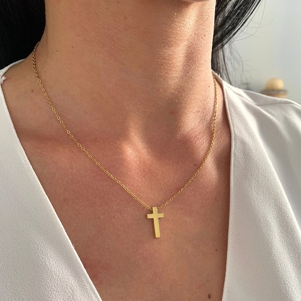 NataschaWoge® dezent Gold Silber Kreuz Kette Edelstahl Halskette + Anhänger Geschenk für Sie Damenschmuck spiritueller Schmuck Goldkette