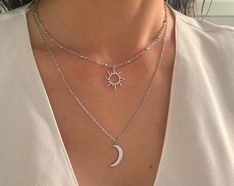 NataschaWoge® SUN moon joyería minimalista ACERO INOXIDABLE collar de cadena de oro y plata + colgante de regalo para su cadena de oro Hollow Sun