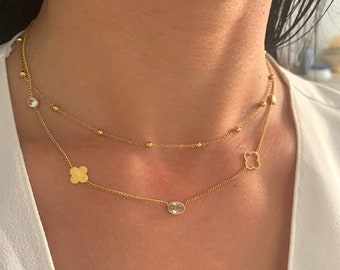 NataschaWoge® Trèfle Feuille Double Minimaliste Bijoux ACIER INOXYDABLE Or Argent Chaîne Collier Ras Du Cou Cadeau pour Sa Chaîne En Or