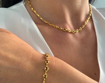 NataschaWoge® Schmuckset Kaffeebohnen Halskette Kette Armband Plättchen minimalistischer Schmuck EDELSTAHL Gold Geschenk für Sie Goldkette