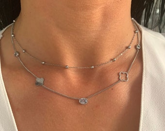 NataschaWoge® Trèfle Feuille Double Minimaliste Bijoux ACIER INOXYDABLE Or Argent Chaîne Collier Ras Du Cou Cadeau pour Sa Chaîne En Or