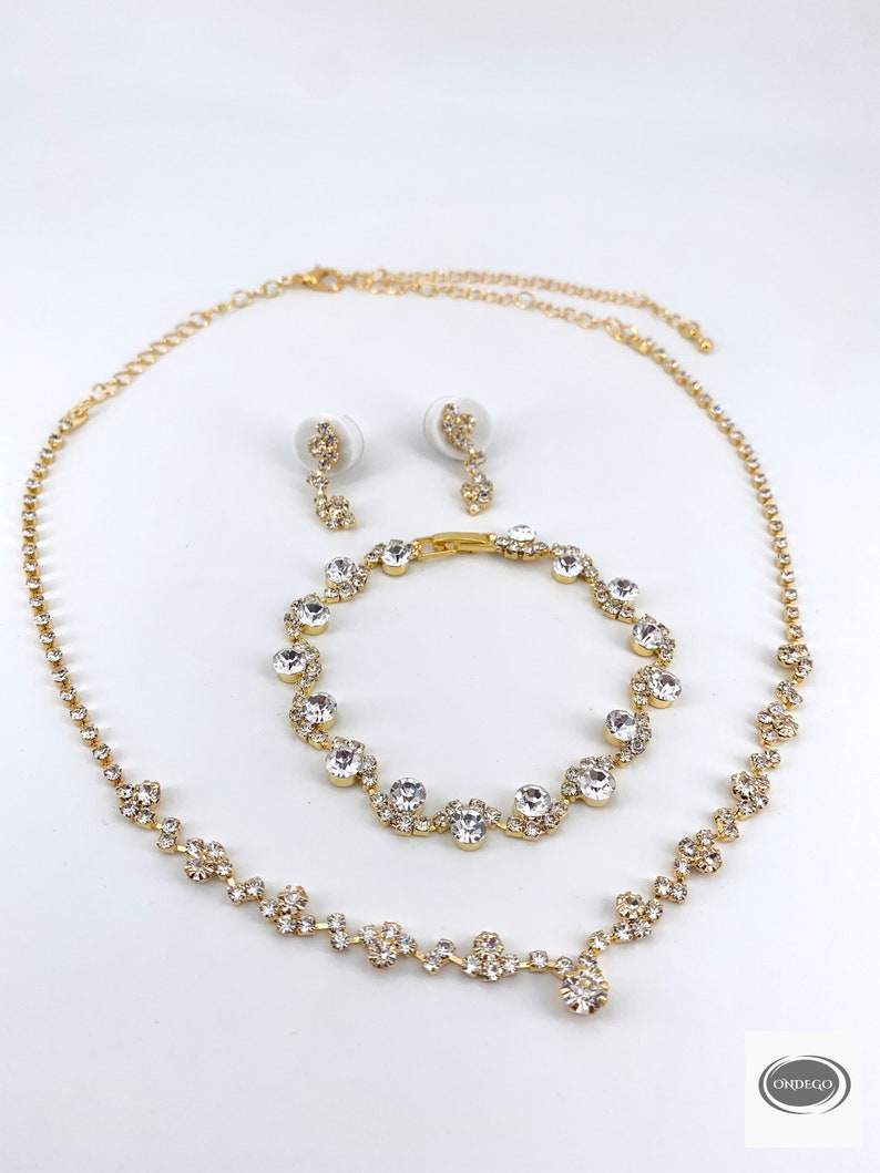 Rhinestone brillo joyería nupcial collar pulsera plata oro rosa oro pendientes conjunto de joyas jóvenes consagración bola graduación comunión imagen 9