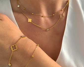 NataschaWoge® clover leaf double bracelet minimalist jewelry STAINLESS STEEL gold silver chain necklace choker gift for her gold chain