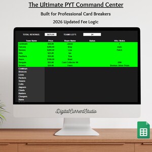 May include: A computer monitor displays a spreadsheet titled "The Ultimate PYT Command Center" with data for card breakers. The screen shows team names, prices, buyer names, and status updates. The total revenue is $670.00, with 24 teams remaining.