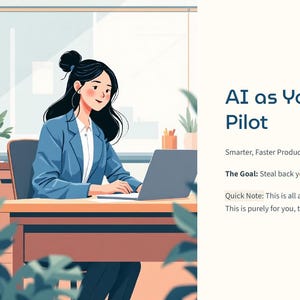 May include: Illustration of a woman working on a laptop at a desk. The text reads "AI as Your Awesome Co-Pilot" with details about productivity for educators using AI tools. The image has a light color palette.