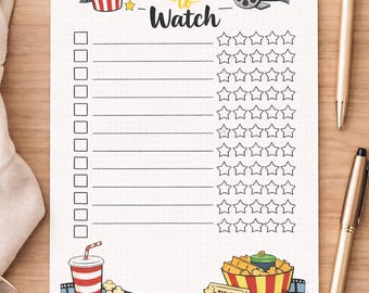 印刷可能な映画リスト | 快適なバレットジャーナル映画トラッカー | 星評価付き映画リスト | デジタルダウンロード