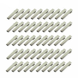 Könnte beinhalten: Ein Set mit 50 silbernen Haarklammern aus Metall. Die Klammern sind alle gleich groß und haben die gleiche Form und sind in fünf Reihen mit jeweils zehn Klammern angeordnet.