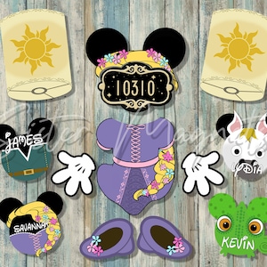 May include: A set of 10 printable Disney-themed party decorations featuring Mickey Mouse ears with different characters from the movie Tangled. The characters include Rapunzel, Flynn Rider, Pascal the chameleon, Maximus the horse, and a lantern. The decorations include names like "James", "Lydia", "Savannah", and "Kevin".