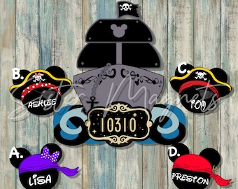May include: A set of four personalized Mickey Mouse head magnets with pirate hats. The magnets are black with white ears and feature different names: Lisa, Ashlee,  Poo, and Preston. The magnets are arranged around a gray ship with a Mickey Mouse head and a skull and crossbones flag. The ship has a sign that reads "10310".