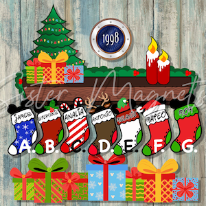 May include: A Christmas stocking holder with a wooden shelf and a green Christmas tree. The shelf has seven stockings hanging from it, each with a different name and a Mickey Mouse ear. The stockings are red, blue, green, brown, white, and red and white striped. There are also wrapped presents under the shelf.