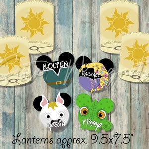 May include: Four Disney-themed lanterns with a sun design, each approximately 9.5 inches by 7.5 inches. The lanterns are decorated with characters from the movie Tangled, including Rapunzel, Flynn Rider, Pascal the chameleon, and Maximus the horse. The lanterns are personalized with the names "Kolten", "Rachael", "Lydia", and "Pimmmy".