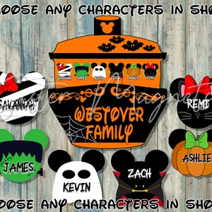 May include: Halloween-themed Mickey Mouse head silhouettes with names, including Savannah, James, Kevin, Zach, Ashlie, and Remi. The silhouettes are arranged around a larger orange and black Mickey Mouse head with the text "Westover Family".