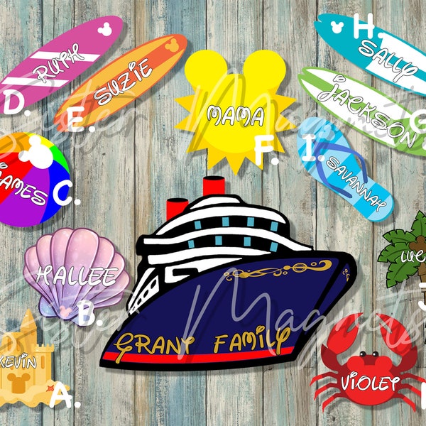 Custom Cruise, DCL Castaway Cay, Caribbean Cruise magnets, Door decorations, Family Set, Beach, Sun, Palm Trees, surf boards, crab