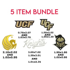 May include: A bundle of five embroidered patches with the text "5 ITEM BUNDLE". The patches include the "UCF" logo in gold and black, a gold and black knight helmet, and the word "Knights" in script. Measurements are in inches.