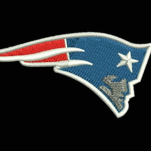 May include: Embroidered patch featuring the New England Patriots logo. The logo is a stylized flying flag with red and white stripes, a blue field with a white star, and a gray silhouette of a Minuteman. The patch has a white border.