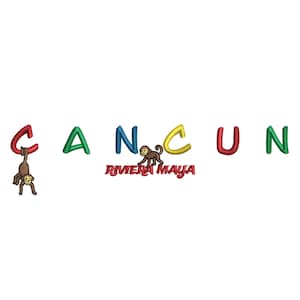 Puede incluir: Diseño bordado colorido que deletrea "CANCUN" con un mono colgando de la letra "C" y otro cerca del texto "RIVIERA MAYA". Las letras son rojas, verdes, azules, amarillas y verdes.