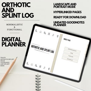 Orthotics and Splints Tracking Log, GoodNotes Digital Planner, Orthotics and Splints Log,  Ipad Planner, Medical Planner, Rehab Planner