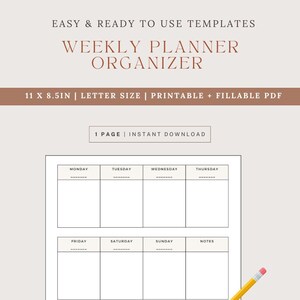 Weekly Planner Organizer, Printable and Fillable PDF, Weekly To Do List
