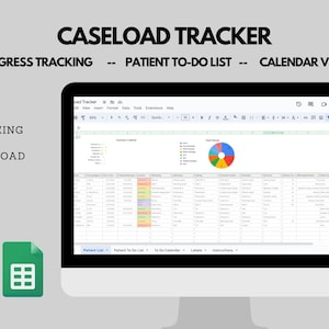 May include: A computer monitor displays a spreadsheet titled "Caseload Tracker." The screen shows data organized in rows and columns, with a pie chart in the upper right corner. Text on the screen includes "Progress Tracking," "Patient To-Do List," and "Calendar View."