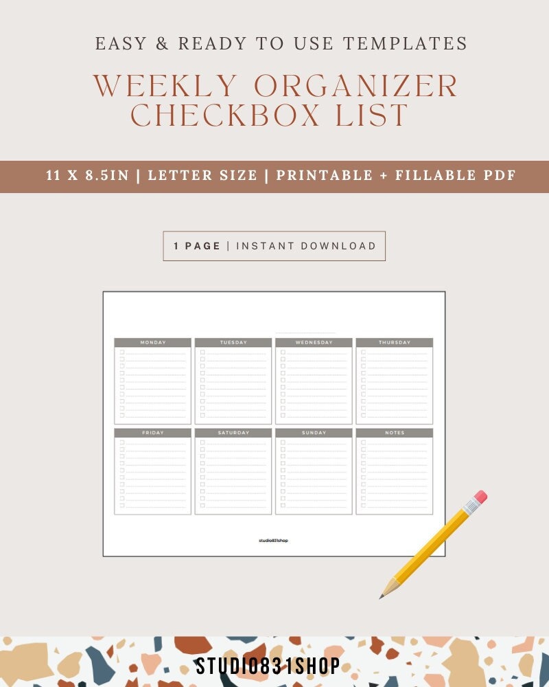 Weekly Organizer Checkbox List, Printable and Fillable PDF, Weekly ...