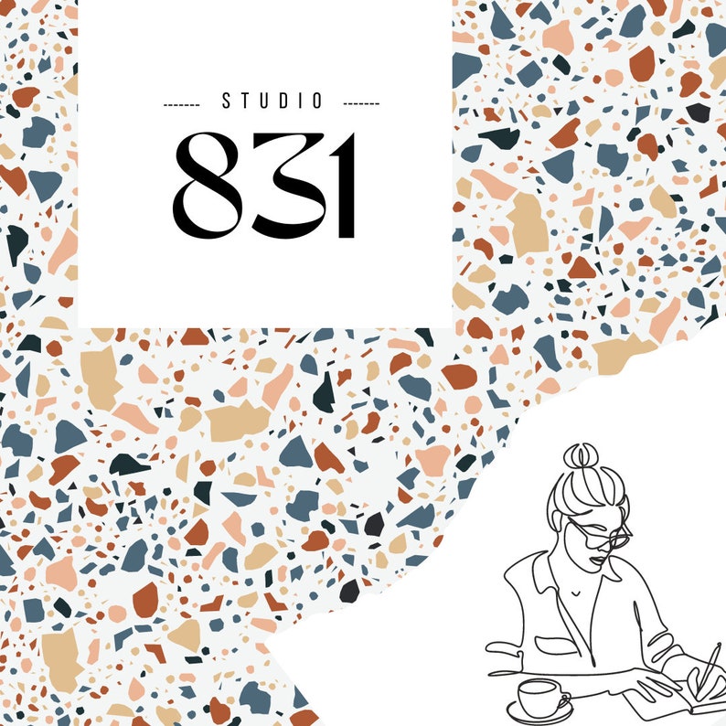 May include: A graphic design featuring the text "STUDIO 831" in a bold, elegant font. The background showcases a terrazzo pattern in shades of white, beige, blue, and brown. A line drawing of a person writing at a desk is in the lower right corner.