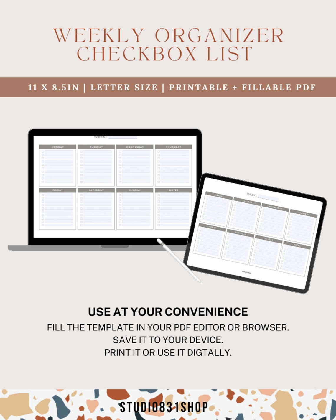 Weekly Organizer Checkbox List, Printable and Fillable PDF, Weekly ...