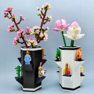 Vase for LEGO® Botanical Flowers with Minifigure Display – Hexagon Vase with 6 LEGO® Minifig Shelves – Flower Set Accessory