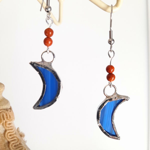 Blue Moon Stained Glass Earrings, Tiffany Technique Jewelry, Ornament Present For Woman, Handcrafted Best Girlfriend Gift