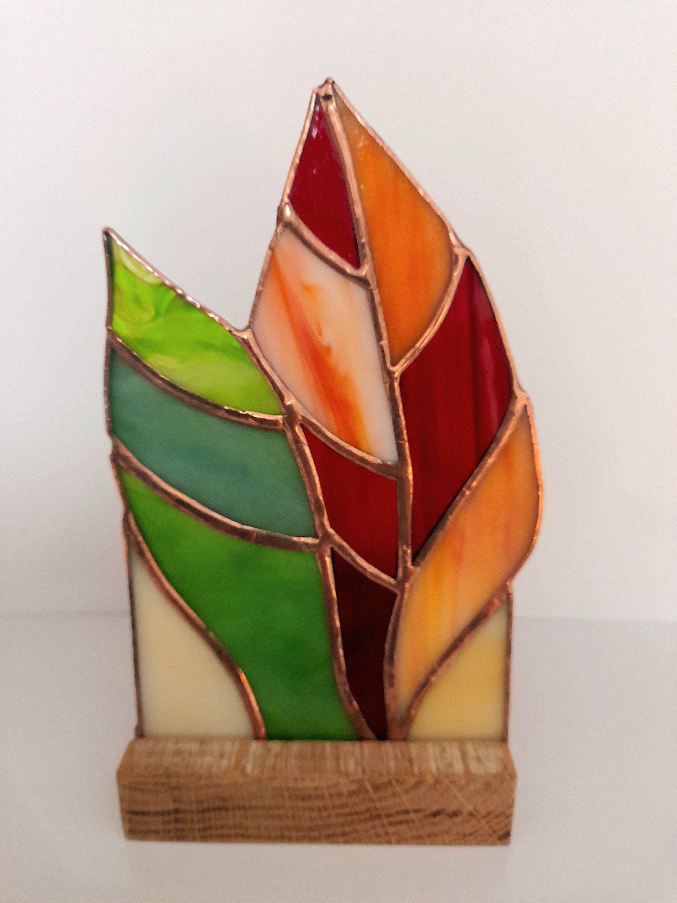 Stained Glass Leaves Panel With Wood Candle Holder Tiffany Etsy