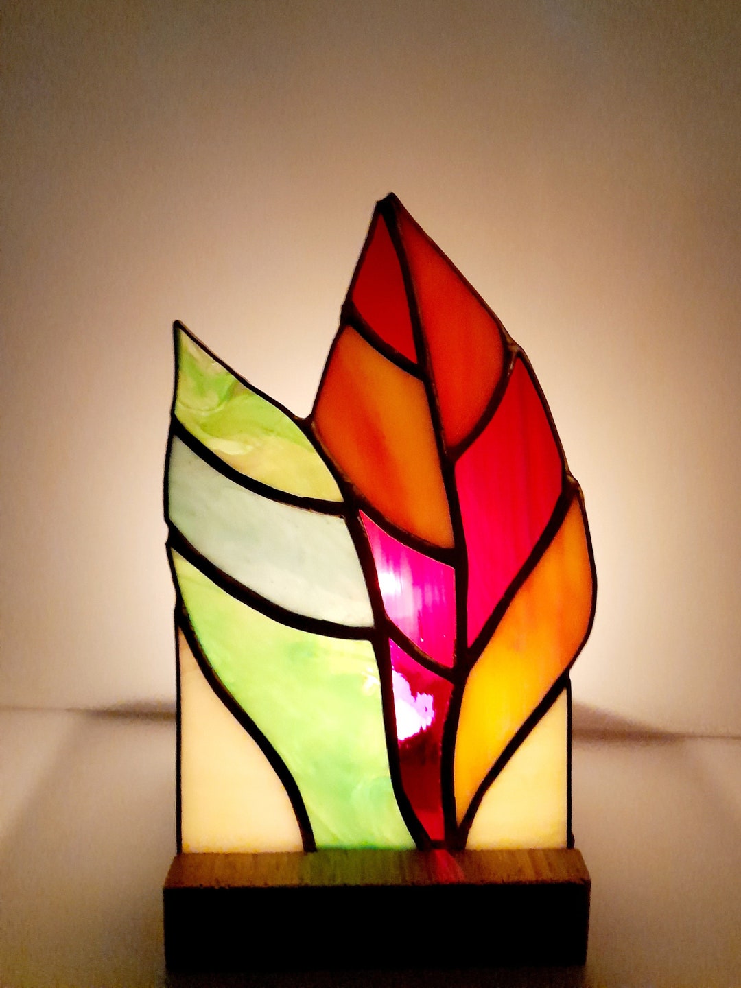 Stained Glass Leaves Panel With Wood Candle Holder Tiffany Etsy