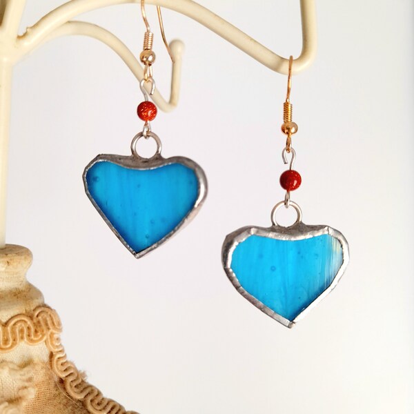 Light Blue Heart Stained Glass Earrings, Valentine's Day Jewelry, Ornament Present For Woman, Handcrafted Best Girlfriend Gift