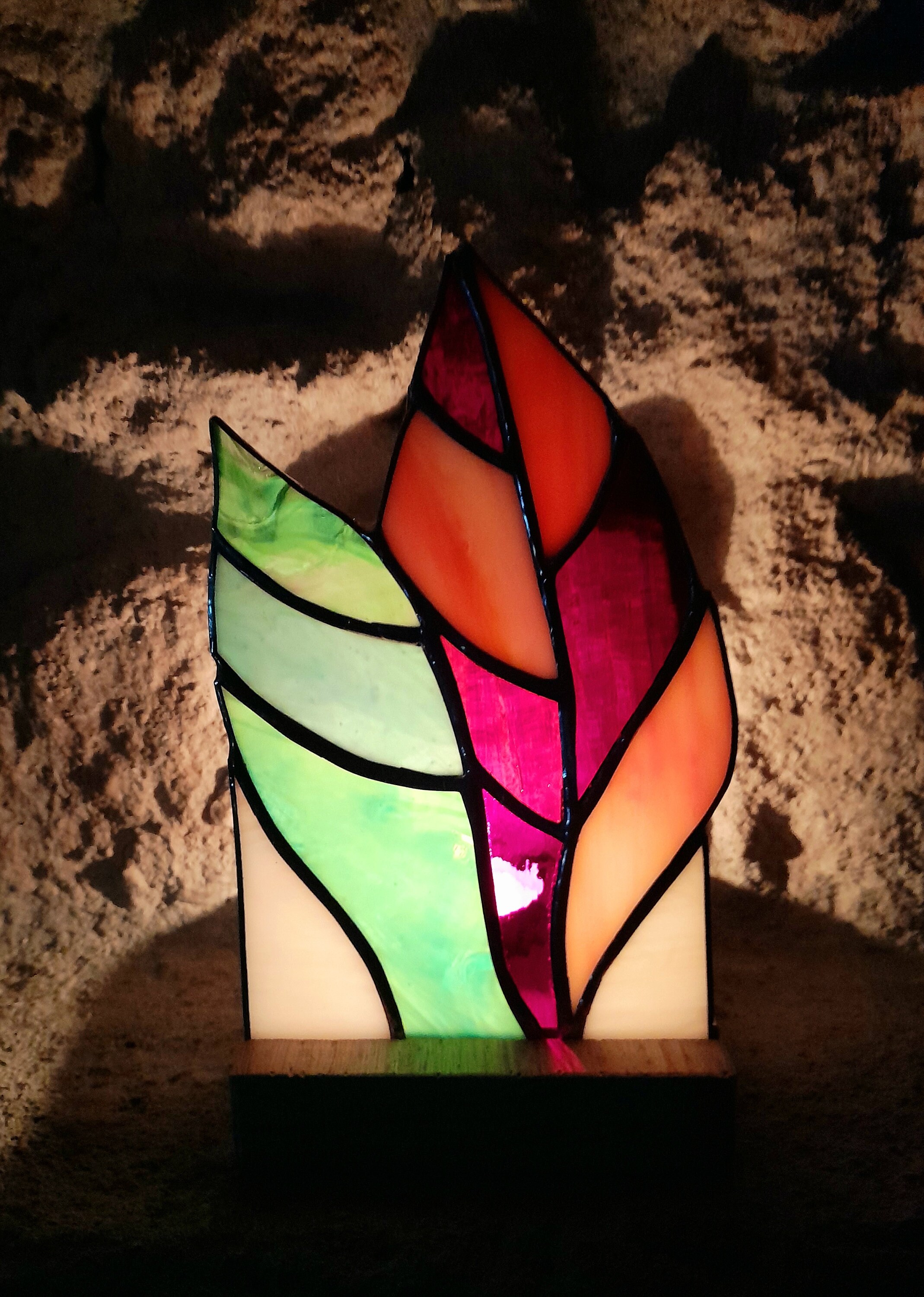 Stained Glass Leaves Panel With Wood Candle Holder Tiffany Etsy