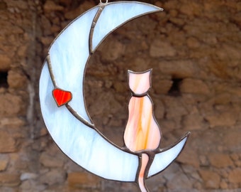 Cat 3D Suncatcher, Cat on the Moon, Stained Glass Suncatcher, Cat Lovers, Special Gift for mom, Cat window hanging, Kitty window hanging