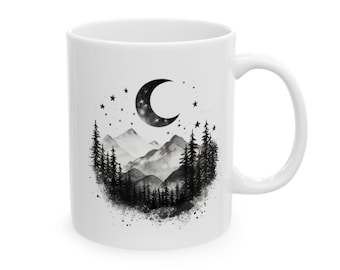 Himmlischer Waldbecher, Mond und Bergbecher, Naturliebhaber Geschenk, Schwarzweißkaffeebecher, Nachthimmelbecher, Outdoorsy Becher