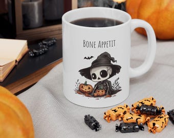 Skeleton Mug, Chibi Skeleton Mug, Bone Appetit Mug, Cute Skeleton Gift, Halloween Mug, Spooky Mug, Kawaii Mug, Gothic Mug, Witchy Mug