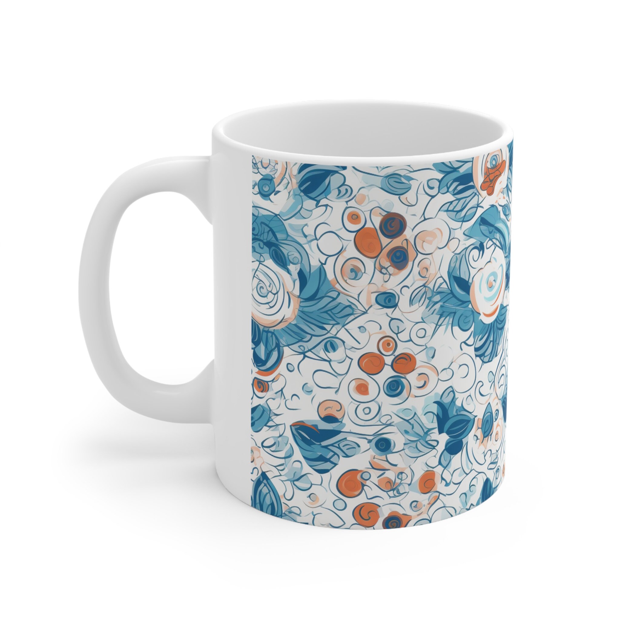 Blue Floral Mug, Floral Mug, Blue and Orange Floral Mug, Pattern Mug ...