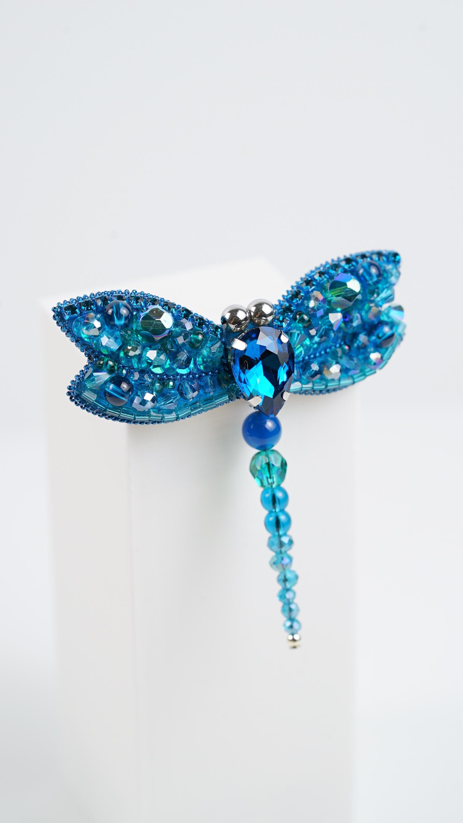 Aqua Blue Dragonfly Beaded Brooch – Handmade Beaded Jewelry – Swarovski Crystal Brooch – Statement Pin – Gift for Nature Lover - Thumbnail 4