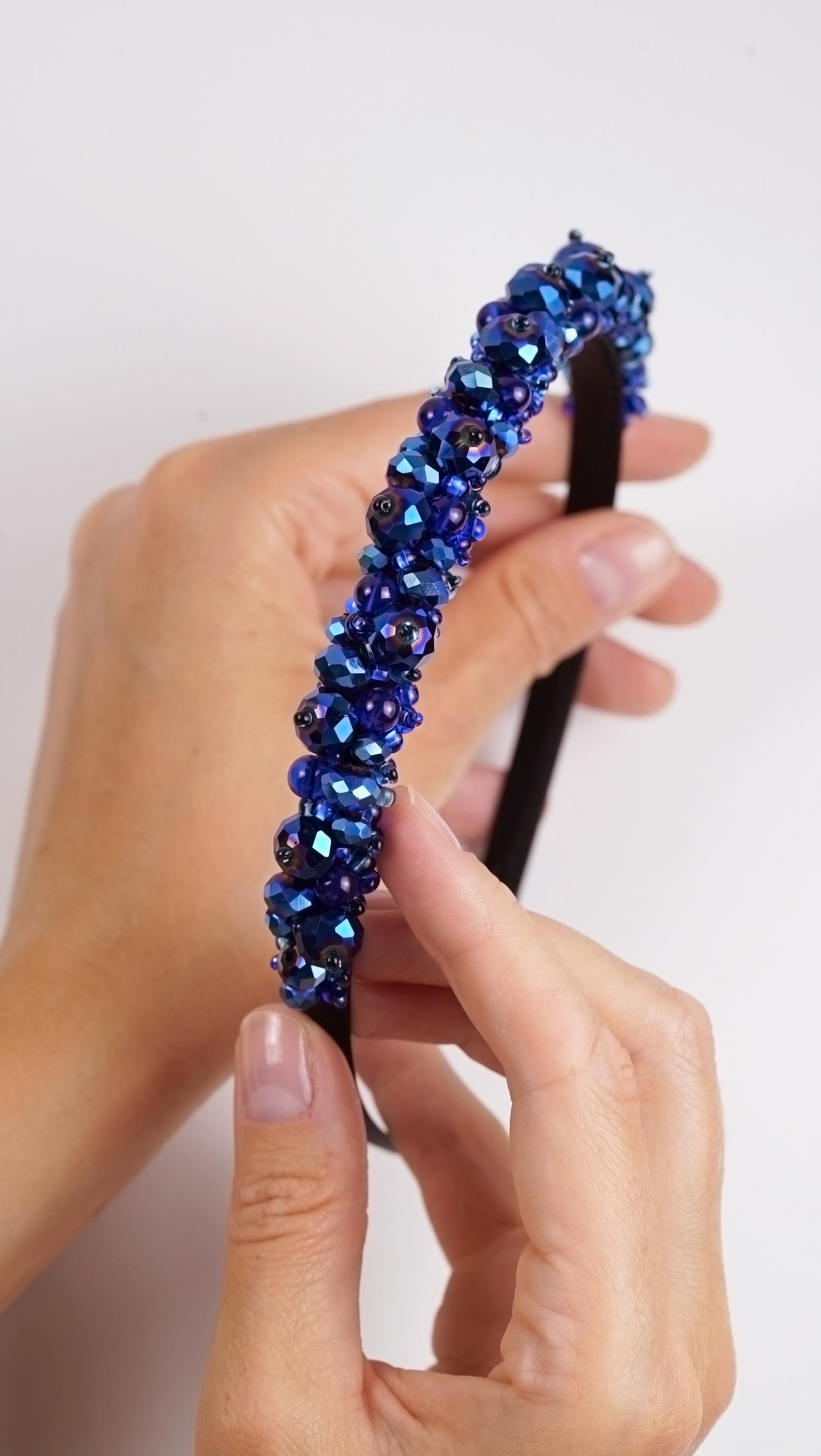 Sapphire Blue Beaded Crown Headband – Handmade Luxury Crystal Hair Accessory - Thumbnail 6