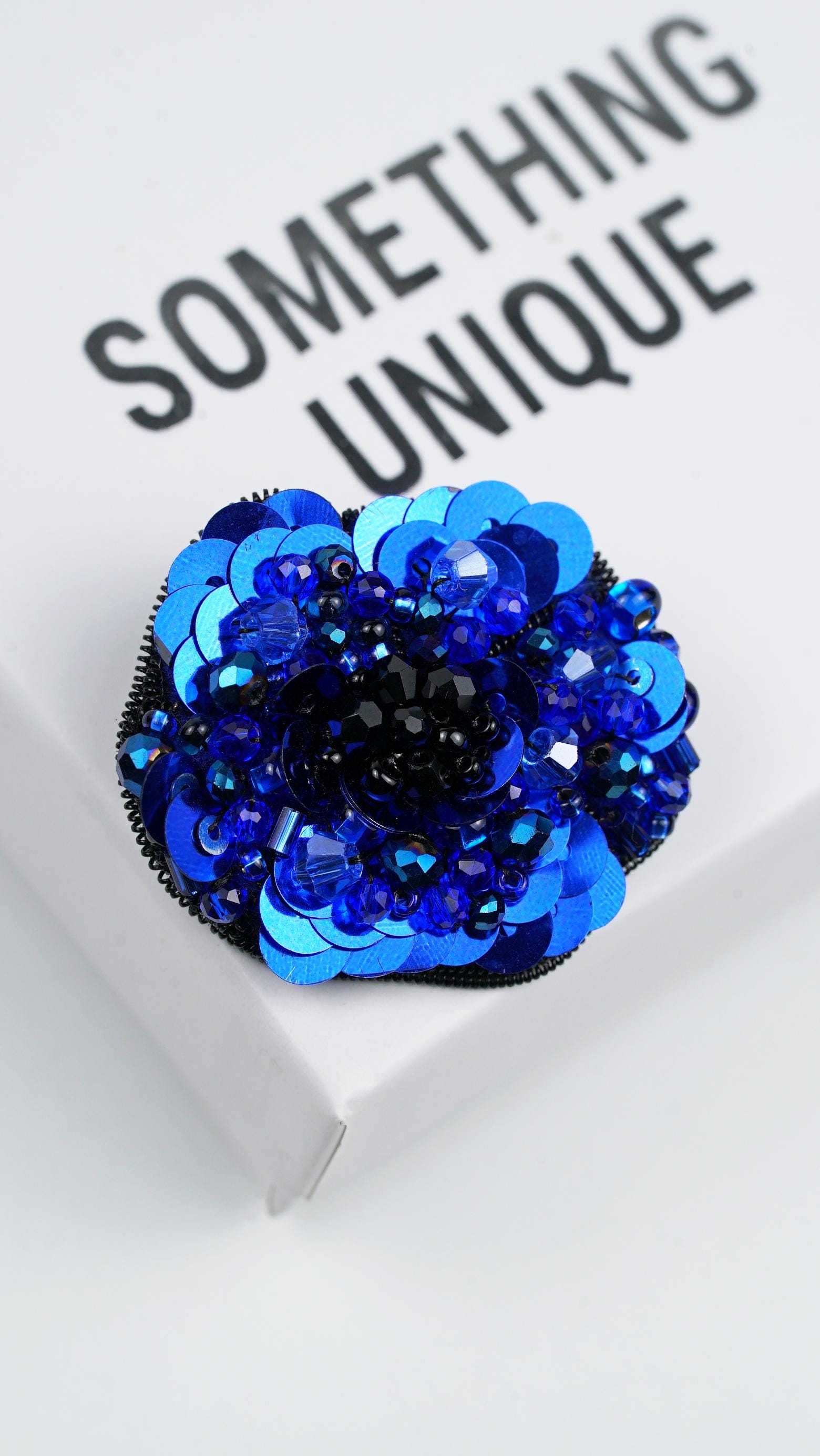 Navy Blue Beaded Flower Brooch – Handmade Statement Accessory with Glass Beads, Sequins & Miyuki Seed Beads – Elegant Floral Jewelry Gift - Thumbnail 3