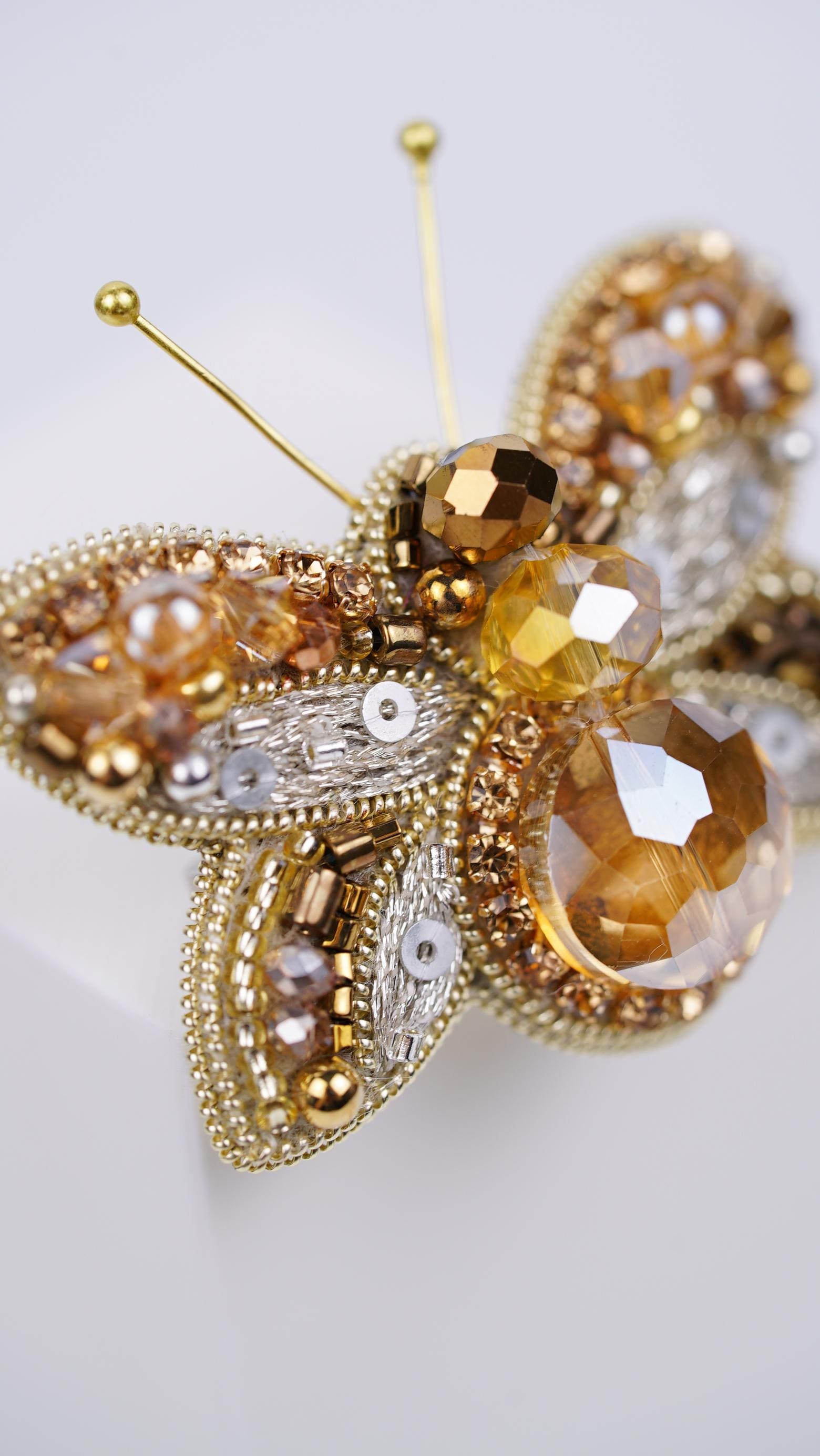 Honey Gold Butterfly Beaded Brooch – Handmade with Swarovski Crystals - Thumbnail 6