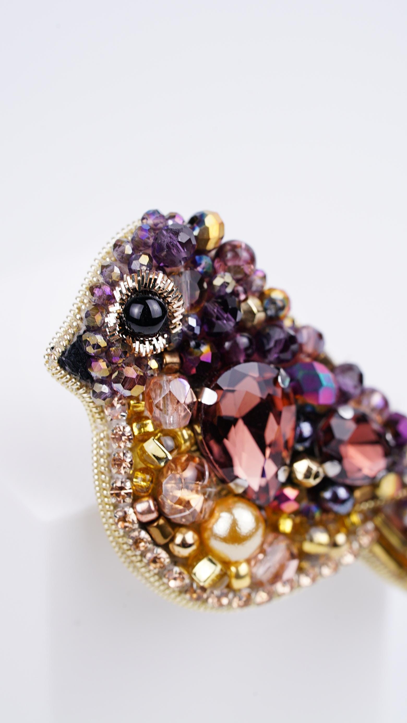 Handmade Amethyst Sparrow Brooch | Gold and Rose Gold Beaded Pin | Crystal & Seed Beads | Eco-Friendly Leather Backing - Thumbnail 6