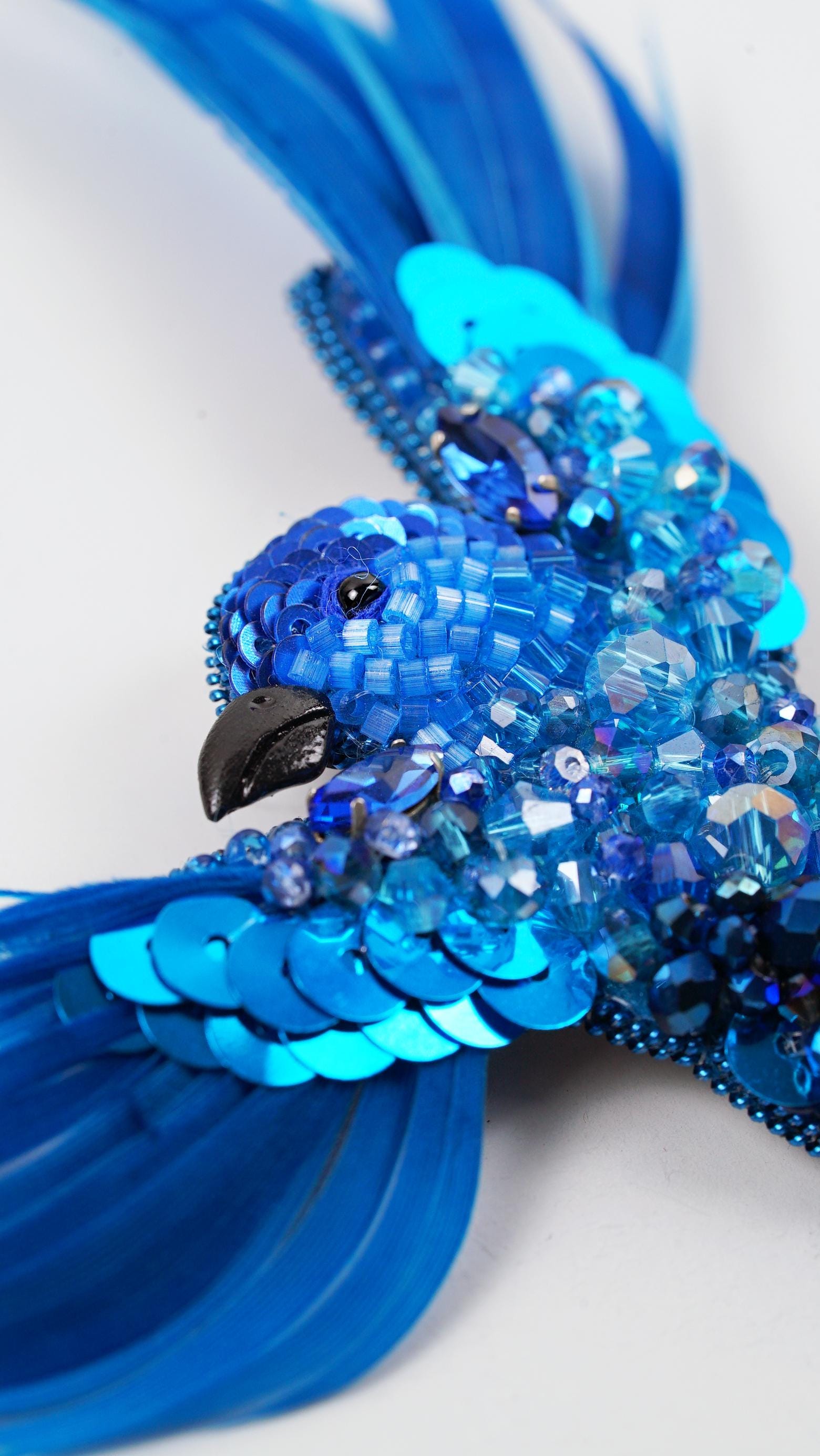 Aqua Blue Aurora Bird Brooch – Handmade Beaded Statement Pin with Feathers and Crystals - Thumbnail 6