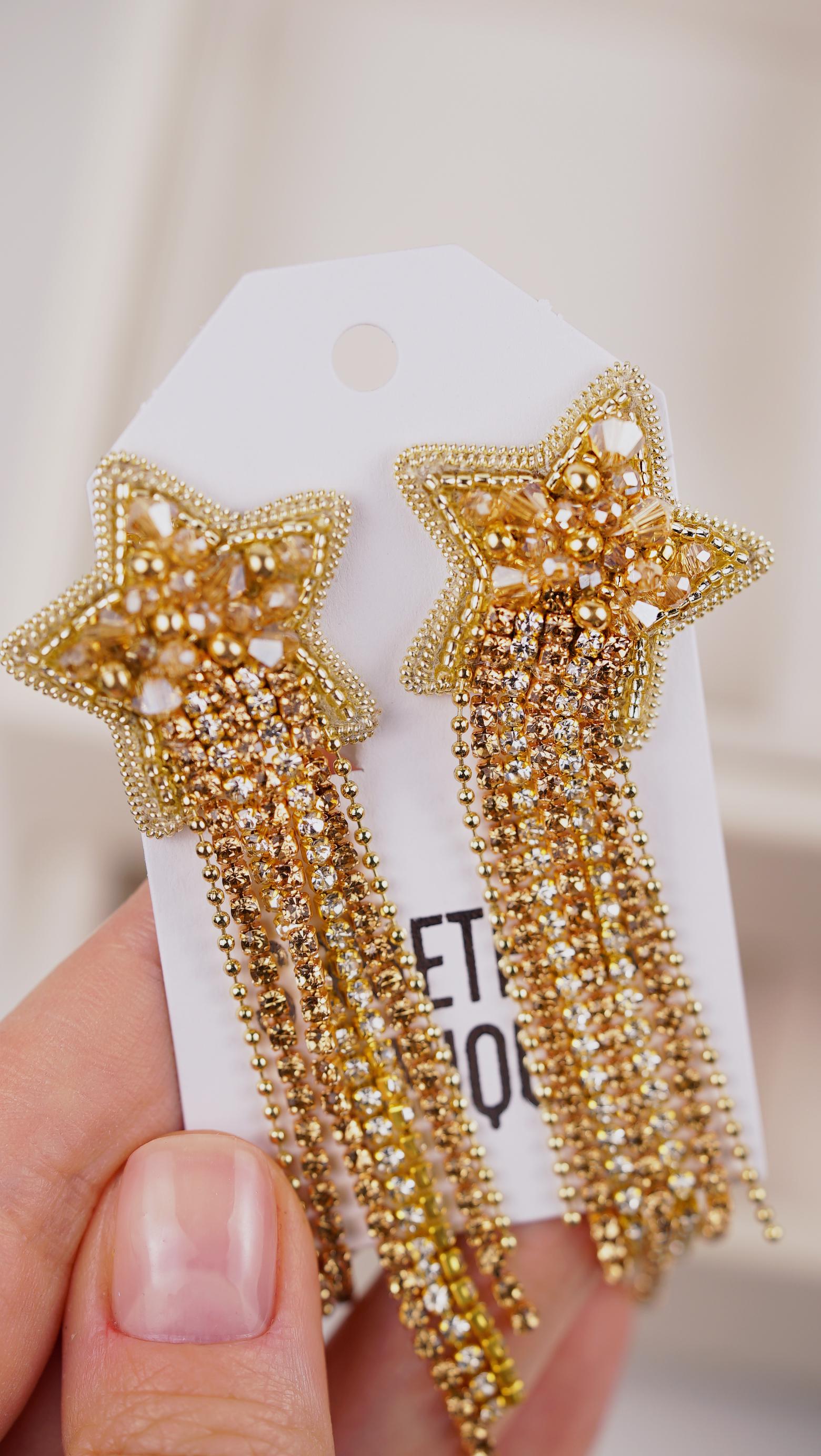 Gold Star Beaded Ear Clips – Handmade with Glass Crystal Beads and Rhinestone Chains - Thumbnail 7