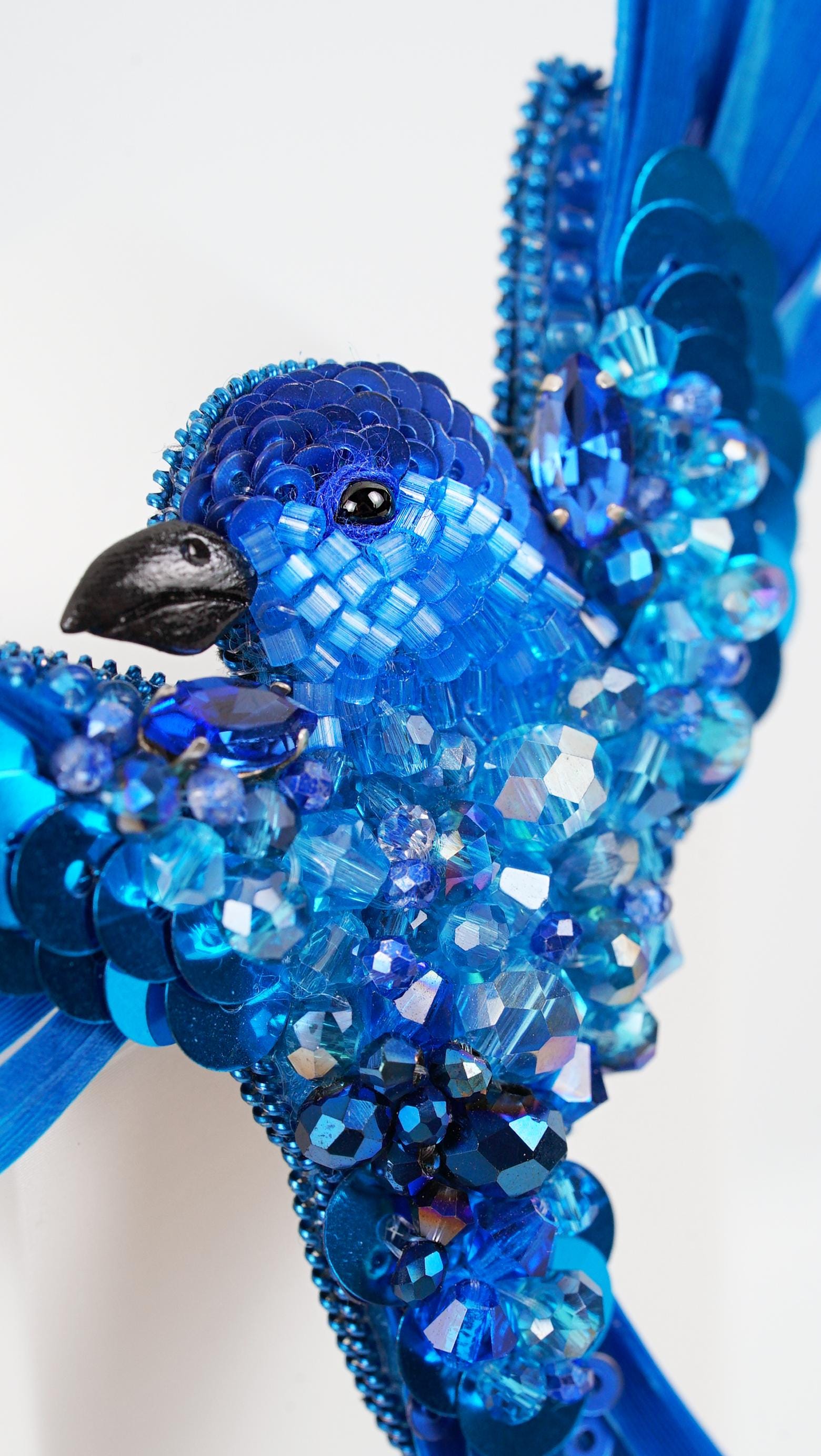 Aqua Blue Aurora Bird Brooch – Handmade Beaded Statement Pin with Feathers and Crystals - Thumbnail 7