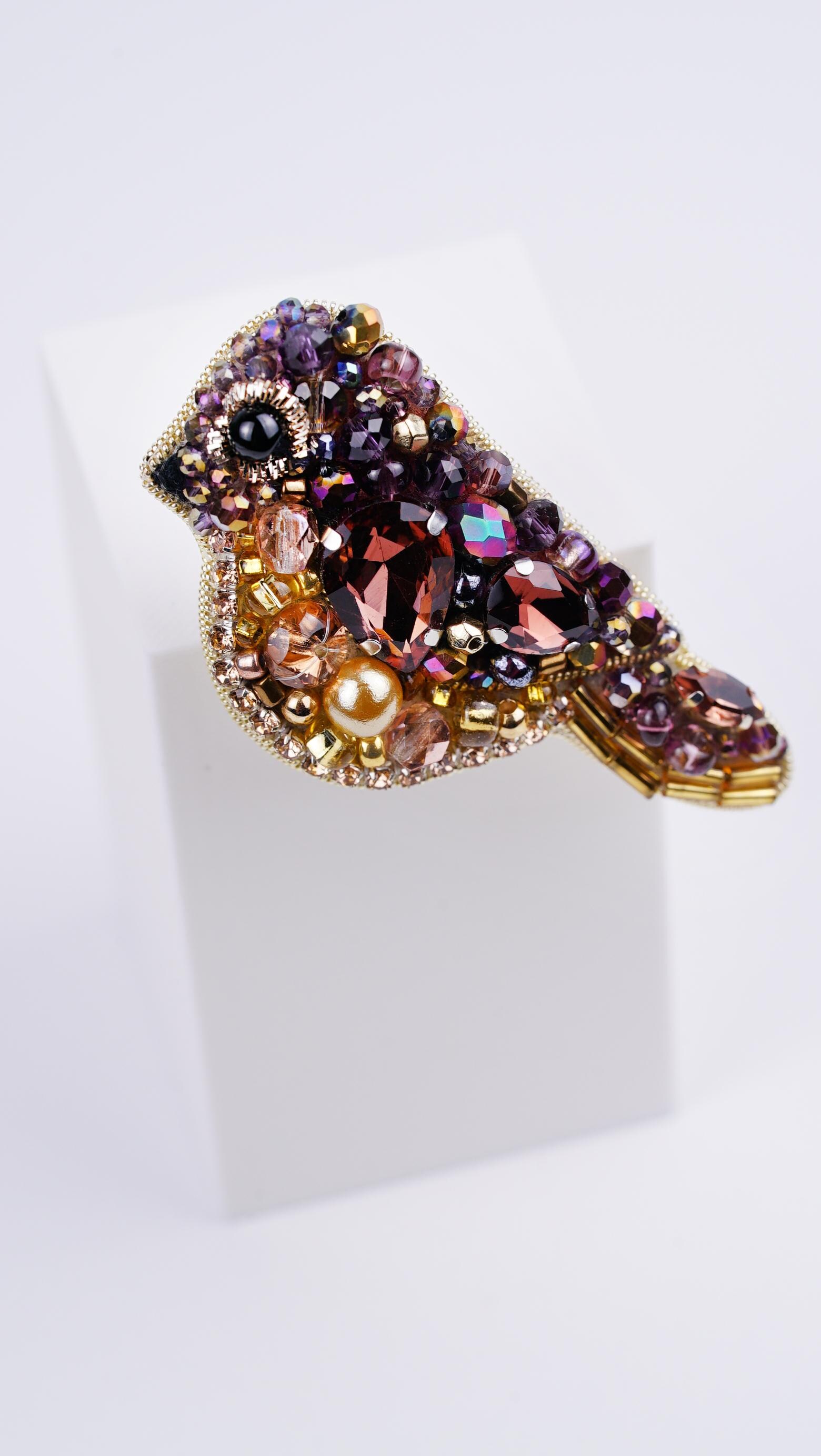 Handmade Amethyst Sparrow Brooch | Gold and Rose Gold Beaded Pin | Crystal & Seed Beads | Eco-Friendly Leather Backing - Thumbnail 7