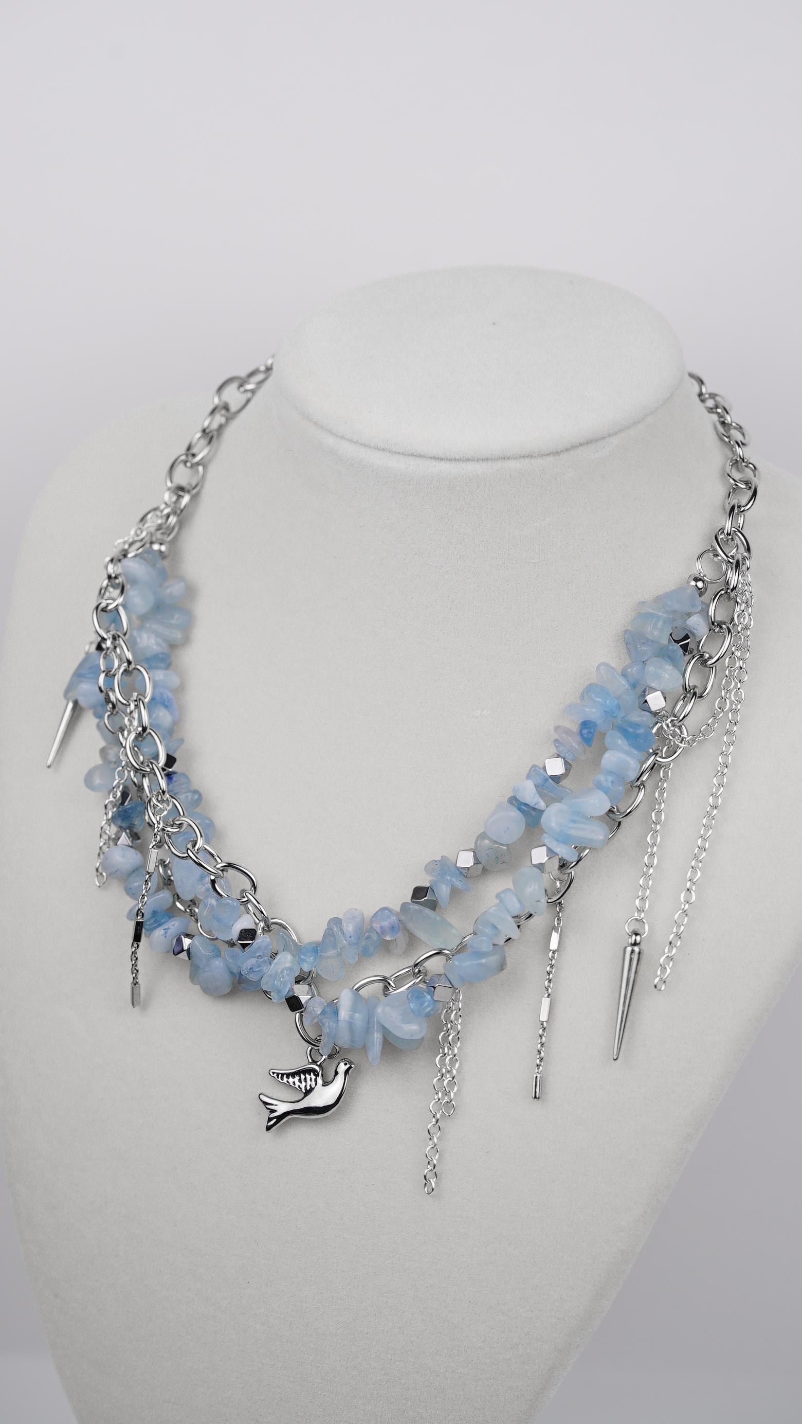 Sky Blue Rebel Necklace – Edgy Chunky Layered Chain with Blue Quartz Chips, Silver Charms & Bird Pendant | Handmade Statement Necklace