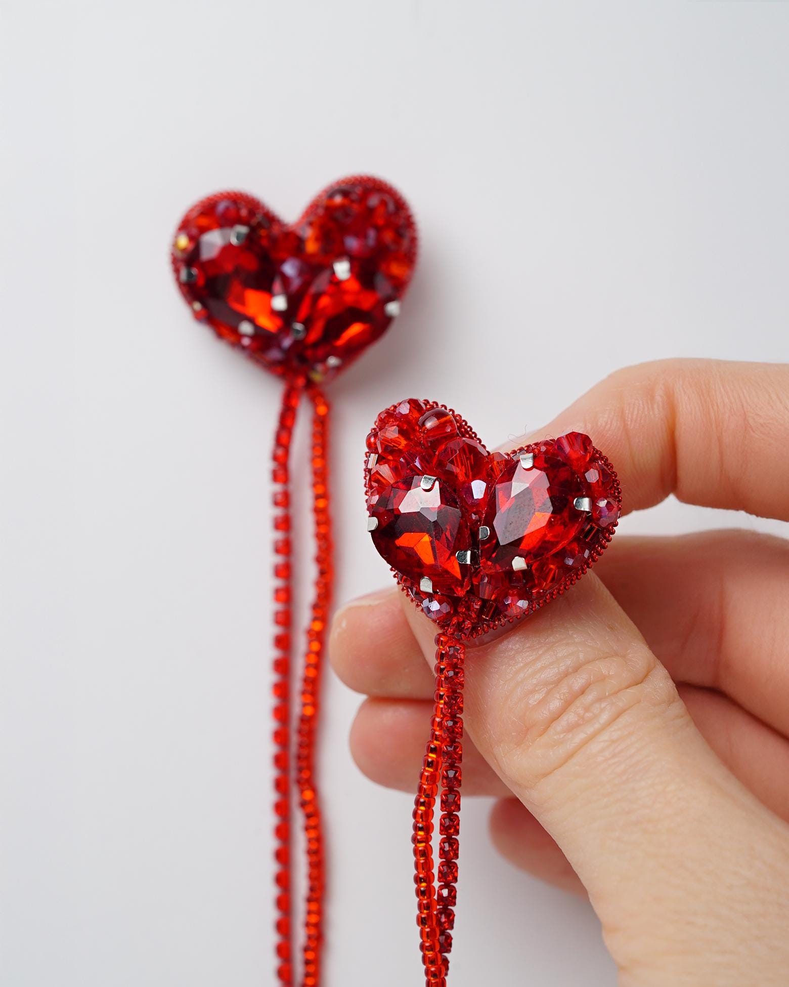 Two Hearts Connected Handmade beaded collar brooch with rhinestone chains and crystal beads - Red color - Thumbnail 6